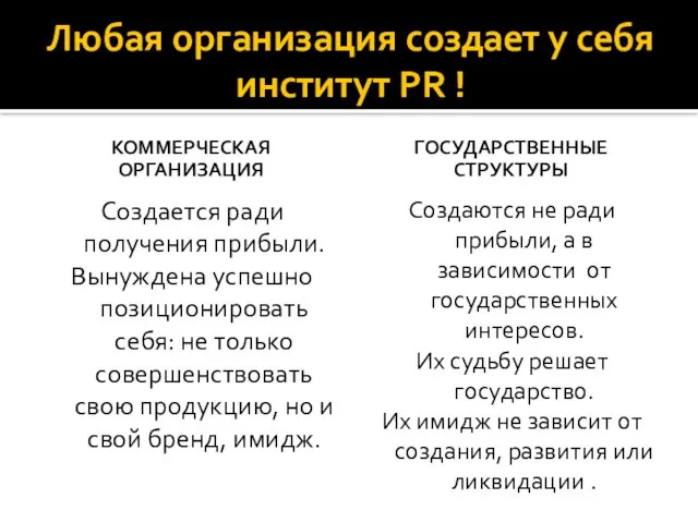 Любая организация создает у себя институт PR ! КОММЕРЧЕСКАЯ ОРГАНИЗАЦИЯ Создается ради