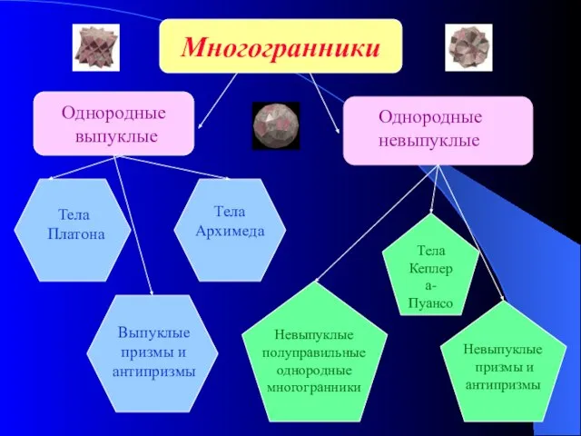 Многогранники Однородные выпуклые Однородные невыпуклые Тела Архимеда Тела Платона Выпуклые призмы и