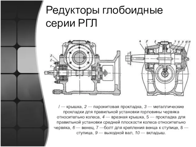 Редукторы глобоидные серии РГЛ / — крышка, 2 — паронитовая прокладка, 3