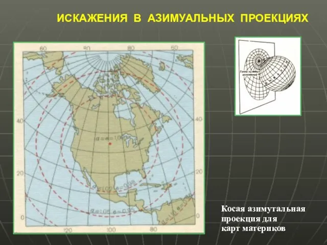 ИСКАЖЕНИЯ В АЗИМУАЛЬНЫХ ПРОЕКЦИЯХ Косая азимутальная проекция для карт материков