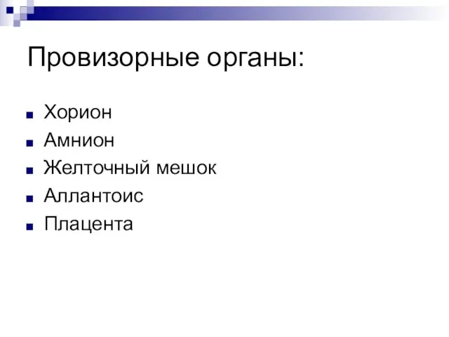 Провизорные органы: Хорион Амнион Желточный мешок Аллантоис Плацента