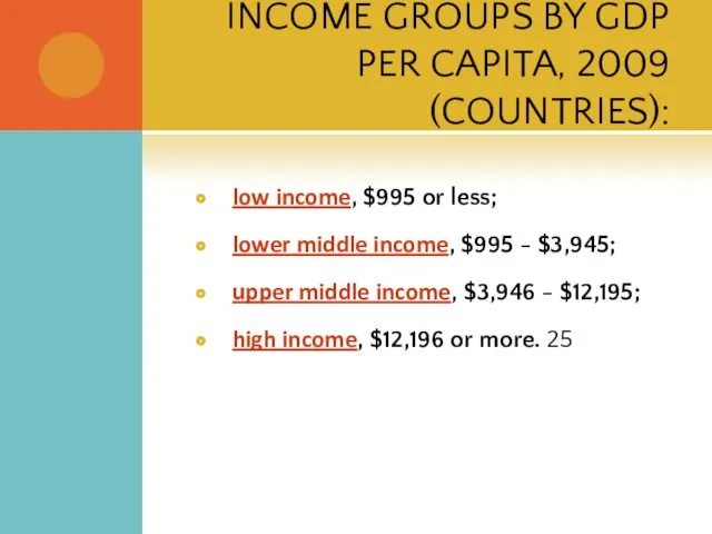 INCOME GROUPS BY GDP PER CAPITA, 2009 (COUNTRIES): low income, $995 or