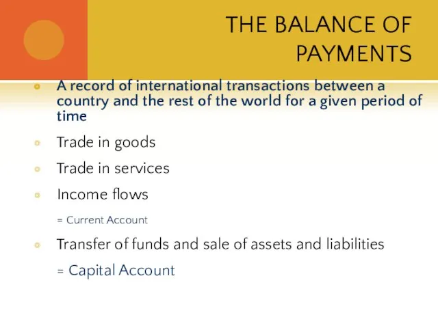 THE BALANCE OF PAYMENTS A record of international transactions between a country