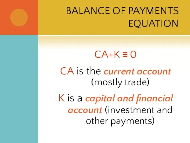 BALANCE OF PAYMENTS EQUATION CA+K ≡ 0 CA is the current account