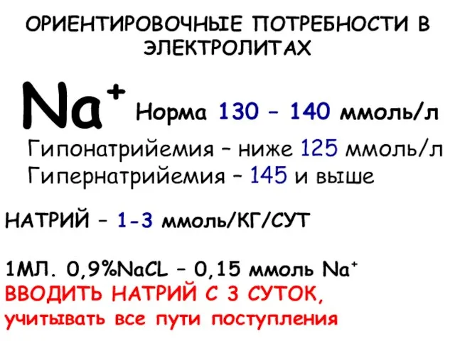 ОРИЕНТИРОВОЧНЫЕ ПОТРЕБНОСТИ В ЭЛЕКТРОЛИТАХ НАТРИЙ – 1-3 ммоль/КГ/СУТ 1МЛ. 0,9%NaCL – 0,15