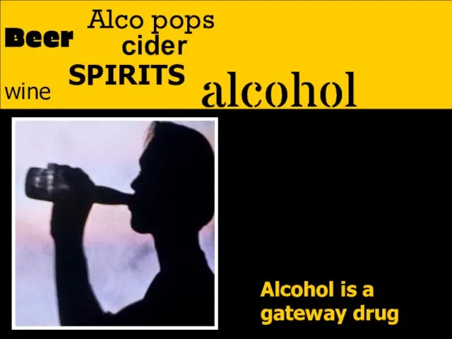 alcohol Beer SPIRITS wine Alco pops Alcohol is a gateway drug cider