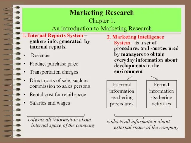 Marketing Research Chapter 1. An introduction to Marketing Research 1. Internal Reports