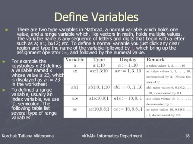 Define Variables There are two type variables in Mathcad, a normal variable