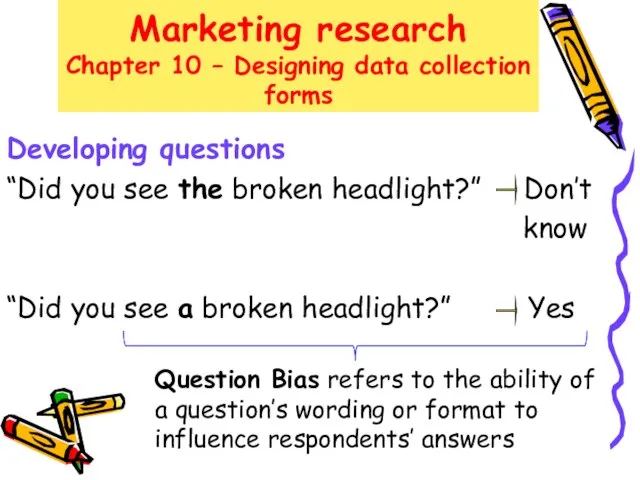 Marketing research Chapter 10 – Designing data collection forms Developing questions “Did