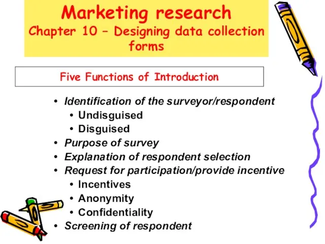 Five Functions of Introduction Identification of the surveyor/respondent Undisguised Disguised Purpose of