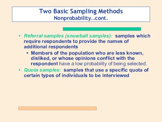 Two Basic Sampling Methods Nonprobability…cont. Referral samples (snowball samples): samples which require