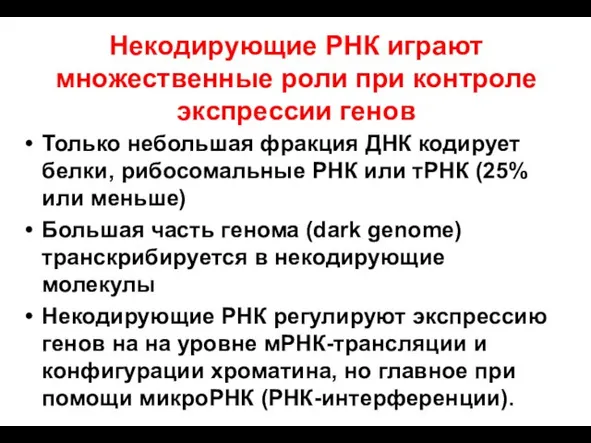 Некодирующие РНК играют множественные роли при контроле экспрессии генов Только небольшая фракция