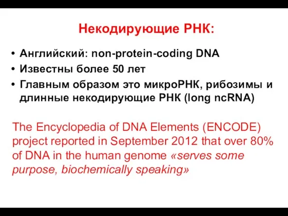 Некодирующие РНК: Английский: non-protein-coding DNA Известны более 50 лет Главным образом это