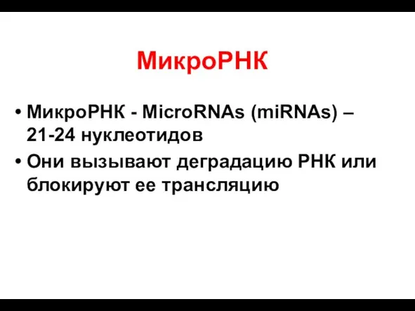 МикроРНК МикроРНК - MicroRNAs (miRNAs) – 21-24 нуклеотидов Они вызывают деградацию РНК или блокируют ее трансляцию