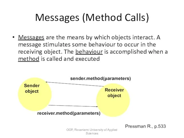 Messages (Method Calls) Messages are the means by which objects interact. A