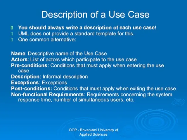 OOP - Rovaniemi University of Applied Sciences Description of a Use Case
