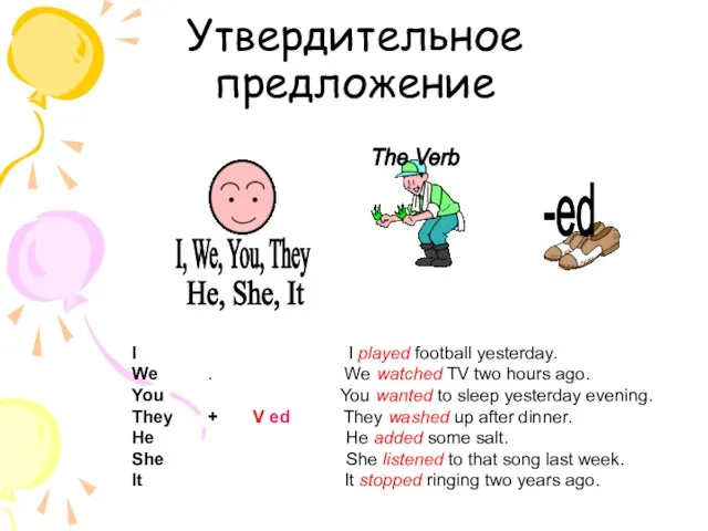 The Verb Утвердительное предложение I I played football yesterday. We . We