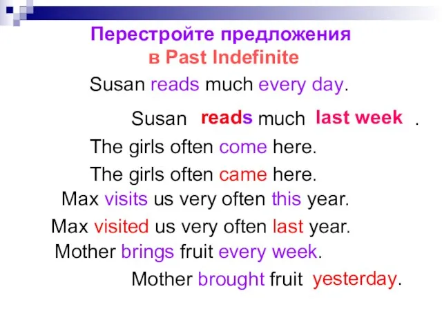 Перестройте предложения в Past Indefinite Susan reads much every day. reads read