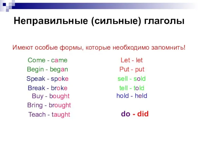 Имеют особые формы, которые необходимо запомнить! Неправильные (сильные) глаголы Come - came