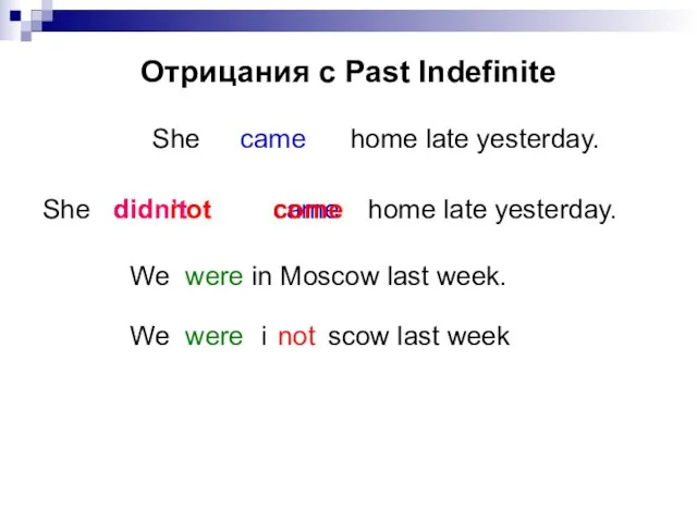 Отрицания с Past Indefinite She home late yesterday. came did not She