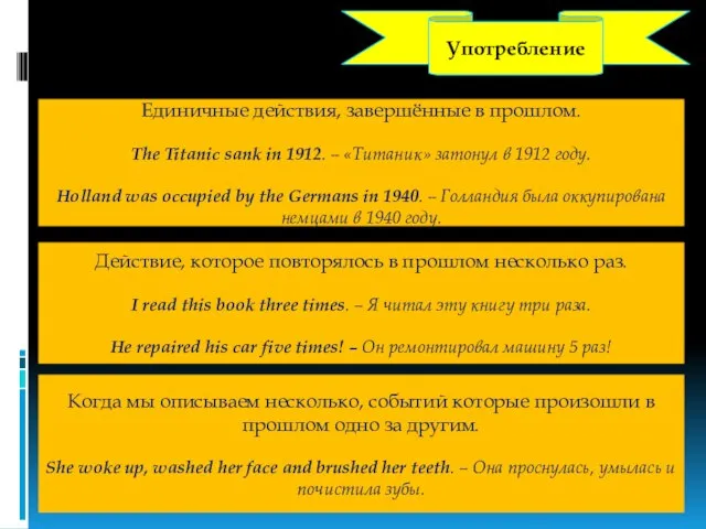 Употребление Единичные действия, завершённые в прошлом. The Titanic sank in 1912. –