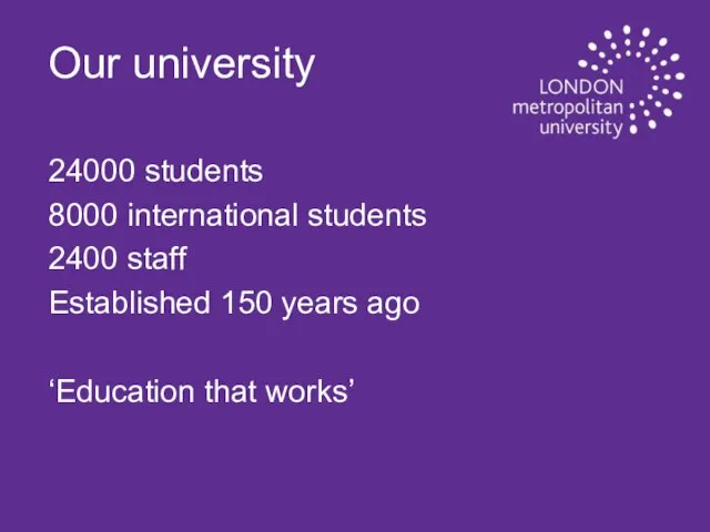 Our university 24000 students 8000 international students 2400 staff Established 150 years ago ‘Education that works’