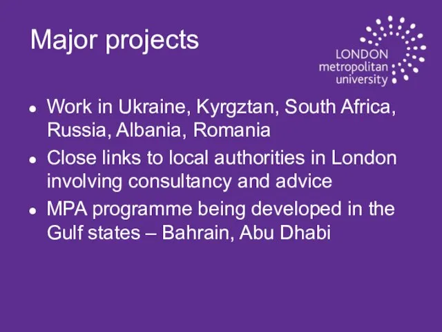 Major projects Work in Ukraine, Kyrgztan, South Africa, Russia, Albania, Romania Close