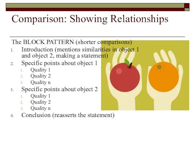 Comparison: Showing Relationships The BLOCK PATTERN (shorter comparisons) Introduction (mentions similarities in