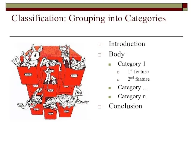 Classification: Grouping into Categories Introduction Body Category 1 1st feature 2nd feature