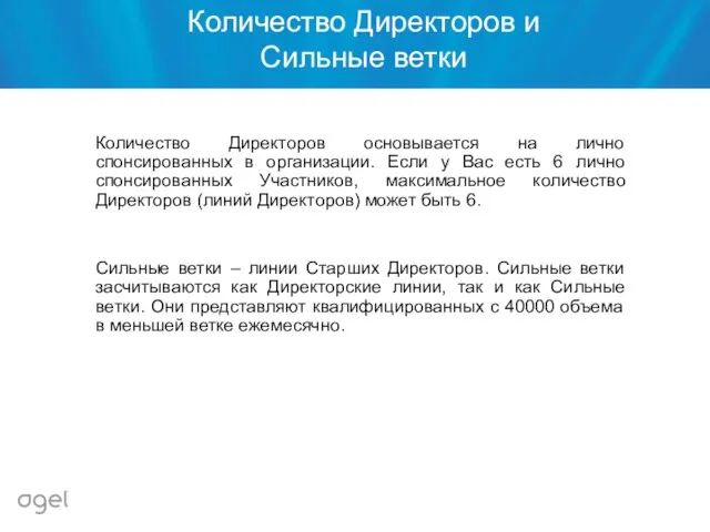 Количество Директоров и Сильные ветки Количество Директоров основывается на лично спонсированных в