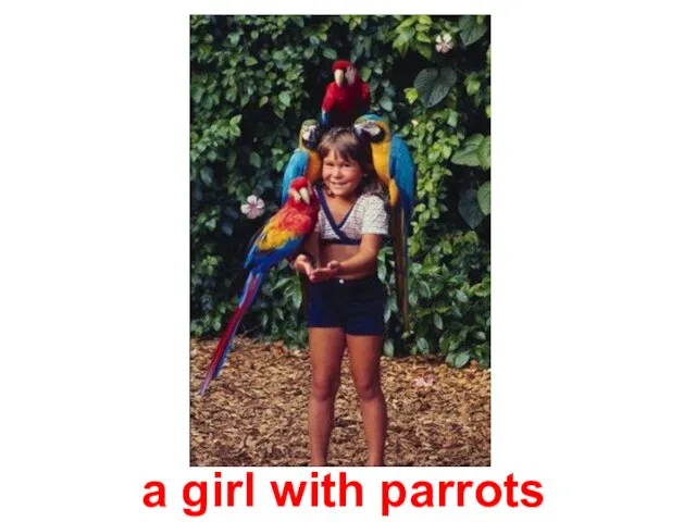 a girl with parrots