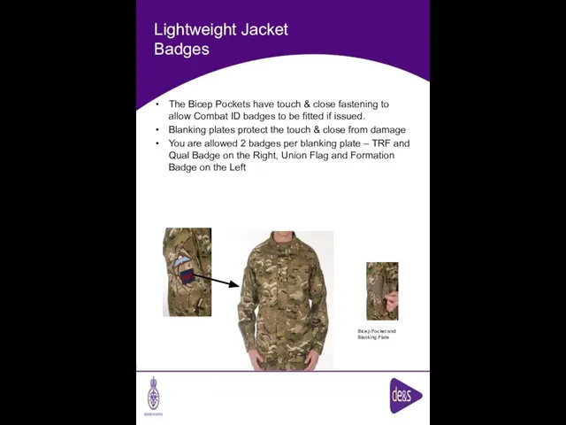 Lightweight Jacket Badges The Bicep Pockets have touch & close fastening to