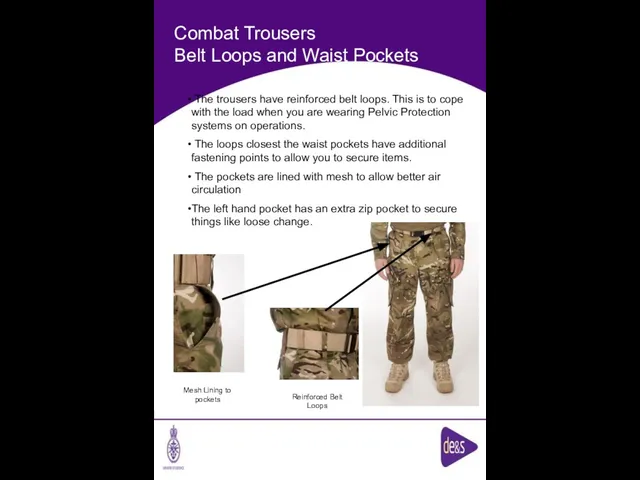 Combat Trousers Belt Loops and Waist Pockets Reinforced Belt Loops Mesh Lining