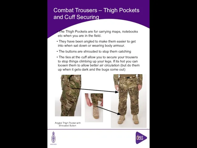 Combat Trousers – Thigh Pockets and Cuff Securing Angled Thigh Pocket with