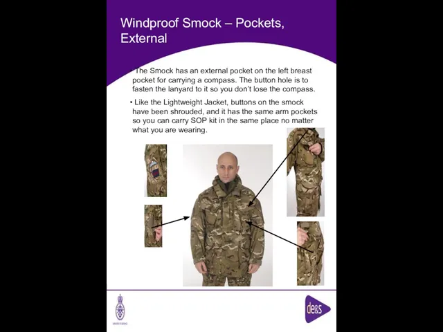 Windproof Smock – Pockets, External The Smock has an external pocket on