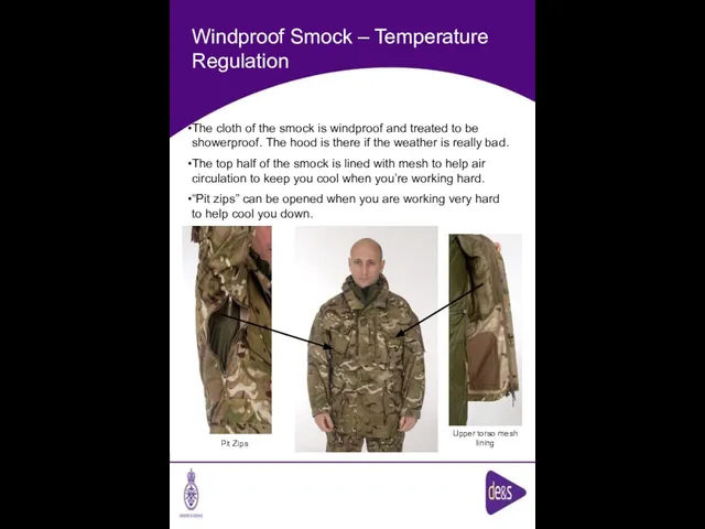 Windproof Smock – Temperature Regulation Upper torso mesh lining Pit Zips The