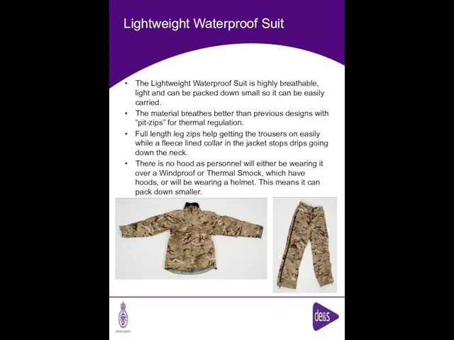 Lightweight Waterproof Suit The Lightweight Waterproof Suit is highly breathable, light and