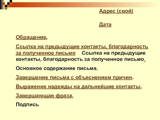 Адрес (свой) Дата Обращение, Ссылка на предыдущие контакты, благодарность за полученное письмо