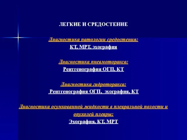 ЛЕГКИЕ И СРЕДОСТЕНИЕ Диагностика патологии средостения: КТ, МРТ, эхография Диагностика пневмоторакса: Рентгенография