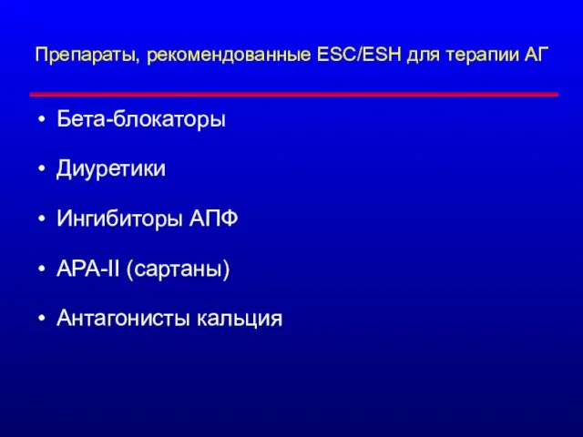 Препараты, рекомендованные ESC/ESH для терапии АГ Бета-блокаторы Диуретики Ингибиторы АПФ АРА-II (сартаны) Антагонисты кальция