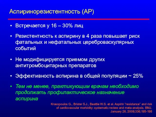 Аспиринорезистентность (АР) Встречается у 16 – 30% лиц Резистентность к аспирину в