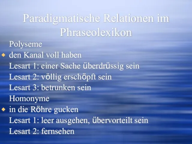 Paradigmatische Relationen im Phraseolexikon Polyseme den Kanal voll haben Lesart 1: einer