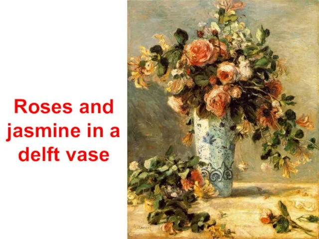 Roses and jasmine in a delft vase