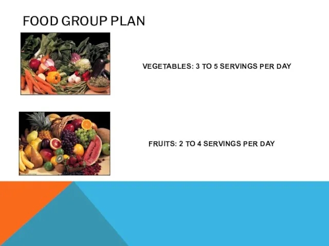 FOOD GROUP PLAN VEGETABLES: 3 TO 5 SERVINGS PER DAY FRUITS: 2