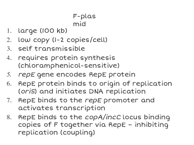large (100 kb) low copy (1-2 copies/cell) self transmissible requires protein synthesis