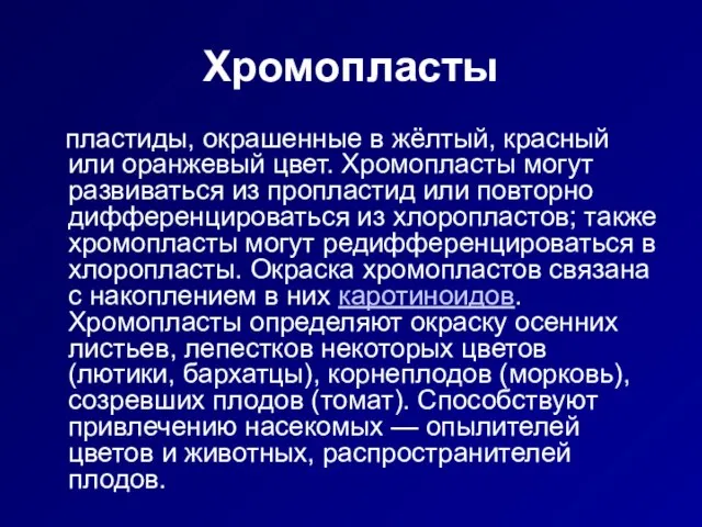 Хромопласты пластиды, окрашенные в жёлтый, красный или оранжевый цвет. Хромопласты могут развиваться