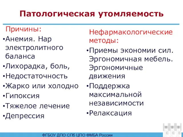 Патологическая утомляемость Причины: Анемия. Нар электролитного баланса Лихорадка, боль, Недостаточность Жарко или