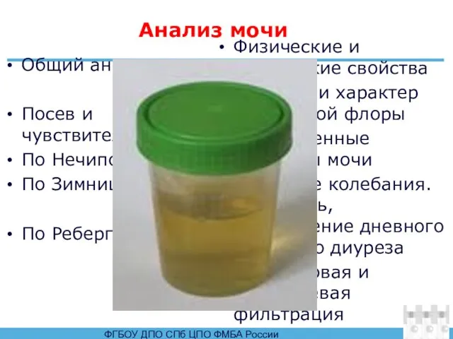 Анализ мочи Общий анализ Посев и чувствительность к АБ По Нечипоренко По