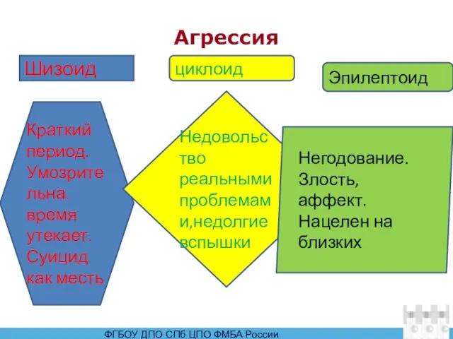 Агрессия Шизоид Краткий период. Умозрительна. время утекает. Суицид как месть Недовольство реальными