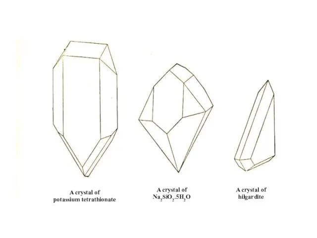 A crystal of potassium tetrathionate A crystal of Na2SiO2.5H2O A crystal of hilgardite